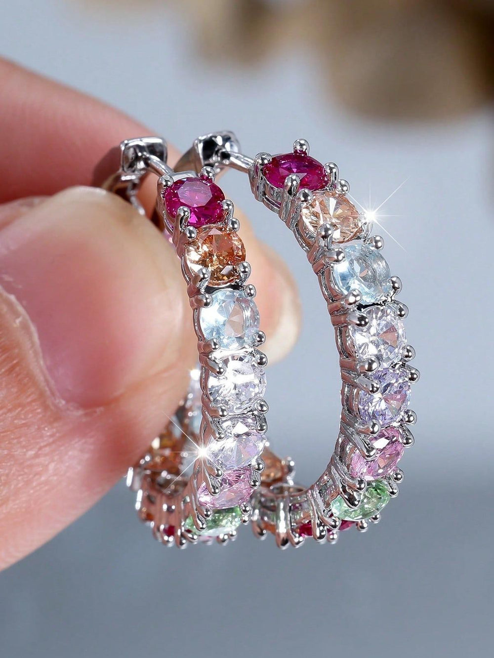 Silver-Tone Rainbow Crystal Full-Circle Huggie Earrings