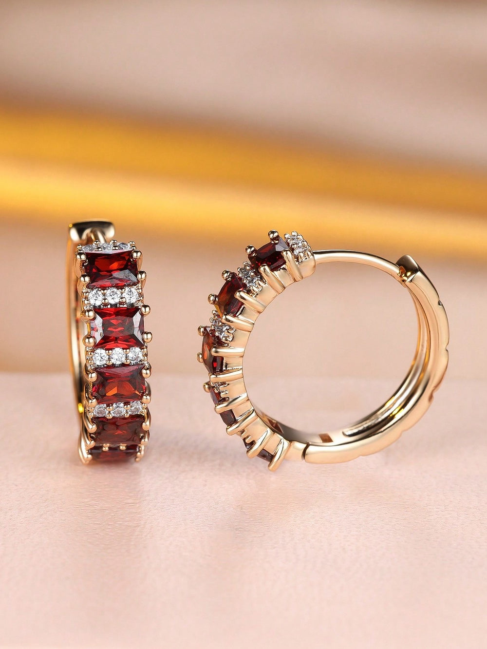 Champagne Gold-Tone Garnet Red Baguette Crystal Drop Earrings