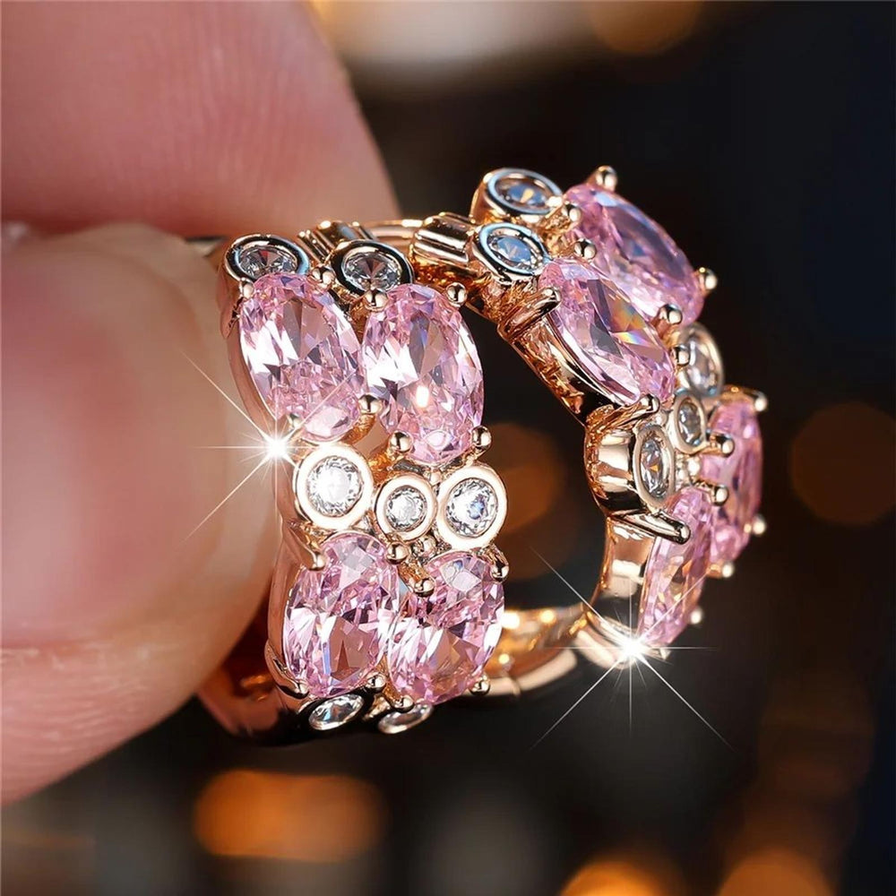 Champagne Gold-Tone Pink Crystal Egg-Shape Huggie Earrings