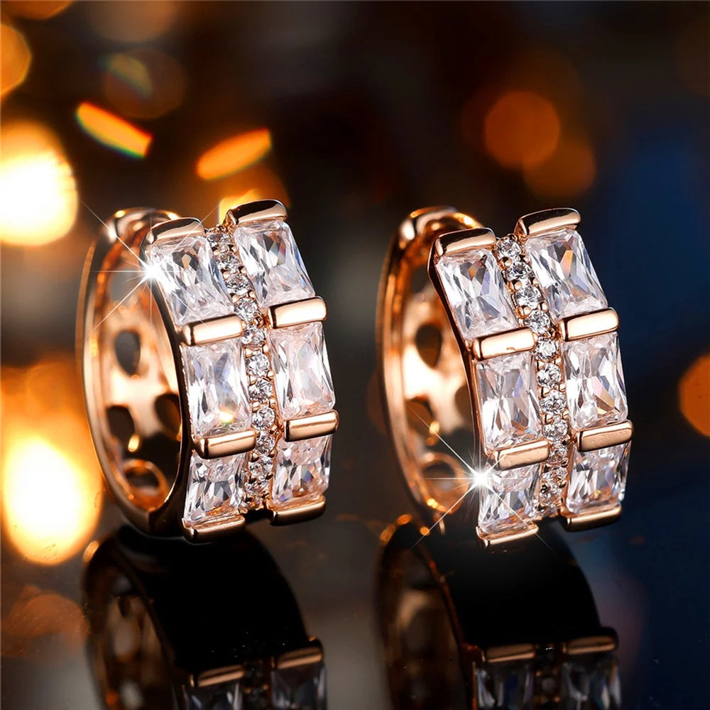 Champagne Gold-Tone All-Over White Baguette Crystal Striped Huggie Earrings