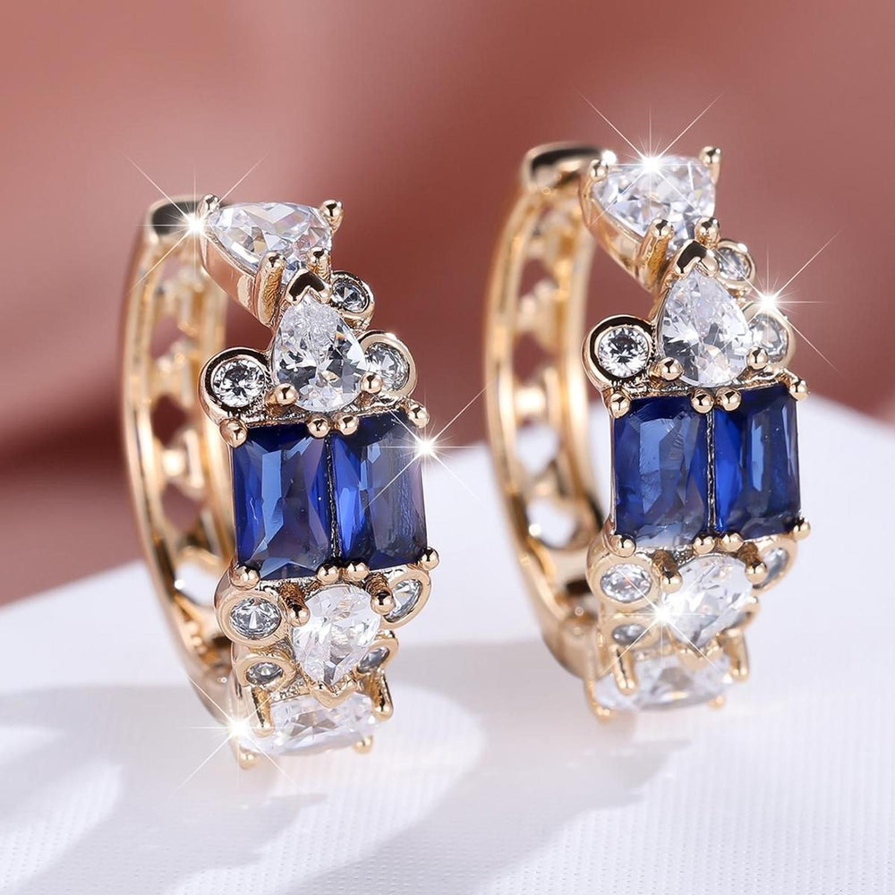 Champagne Gold-Tone Haloed Royal Blue Baguette Crystal Heart Drop Earrings