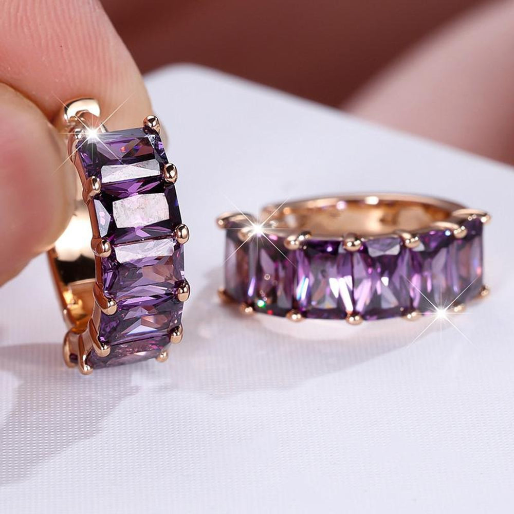 Champagne Gold-Tone Purple Baguette Crystal Half-Hoop Huggie Earrings