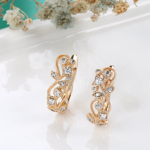 Champagne Gold-Tone Openwork Leaf Vine White Crystal Huggie Earrings