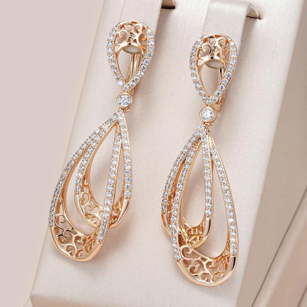 Champagne Gold-Tone White Crystal Openwork Teardrop Drop Earrings
