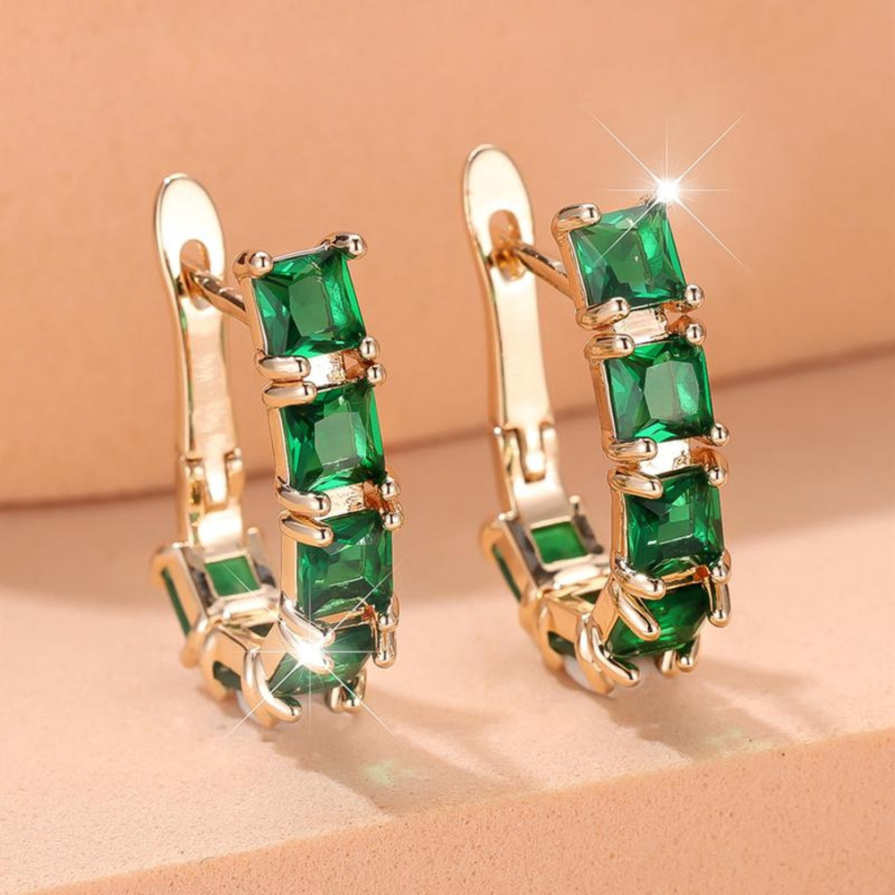 Champagne Gold-Tone Emerald-Green Square Crystal Hoop Earrings
