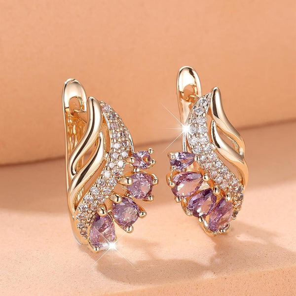 Champagne Gold-Tone Lavender Teardrop Crystal Wing Huggie Earrings