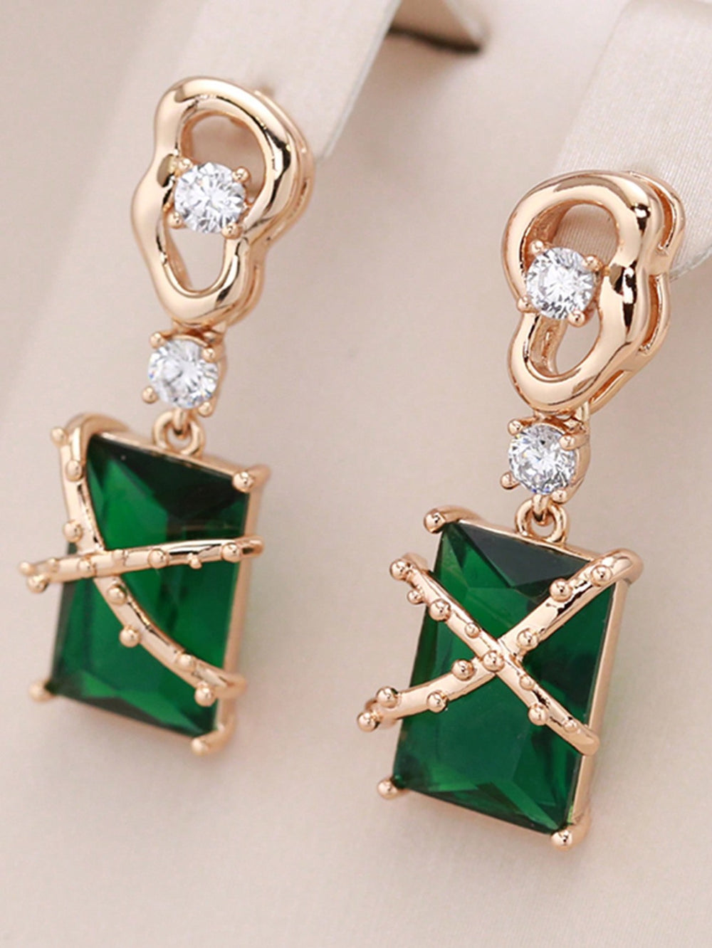Champagne Gold-Tone Emerald Green Rectangle Crystal Drop Earrings