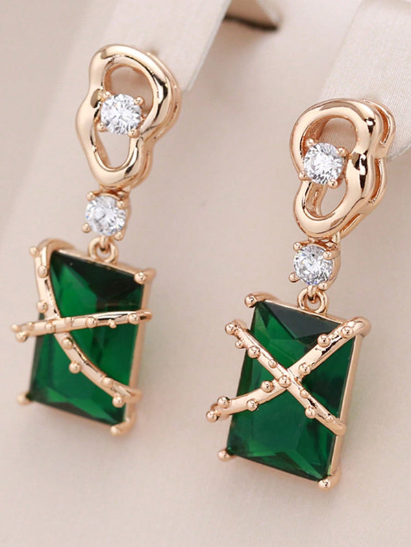 Champagne Gold-Tone Emerald Green Rectangle Crystal Drop Earrings