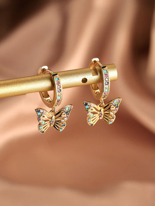 Gold-Tone Multicolor Crystal Butterfly Charm Huggie Hoop Earrings