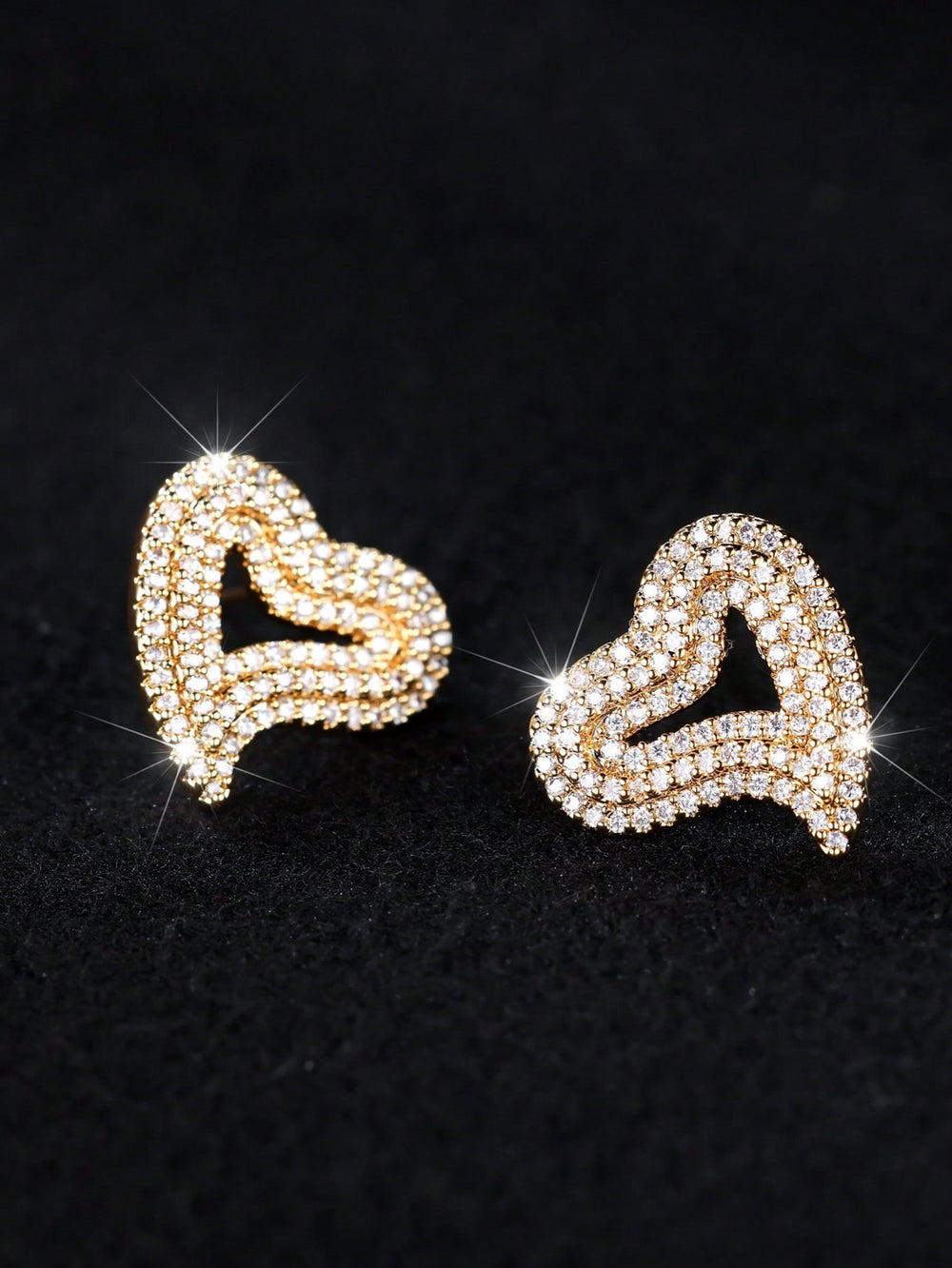 Gold-Tone Pave White Crystal Open Heart Stud Earrings