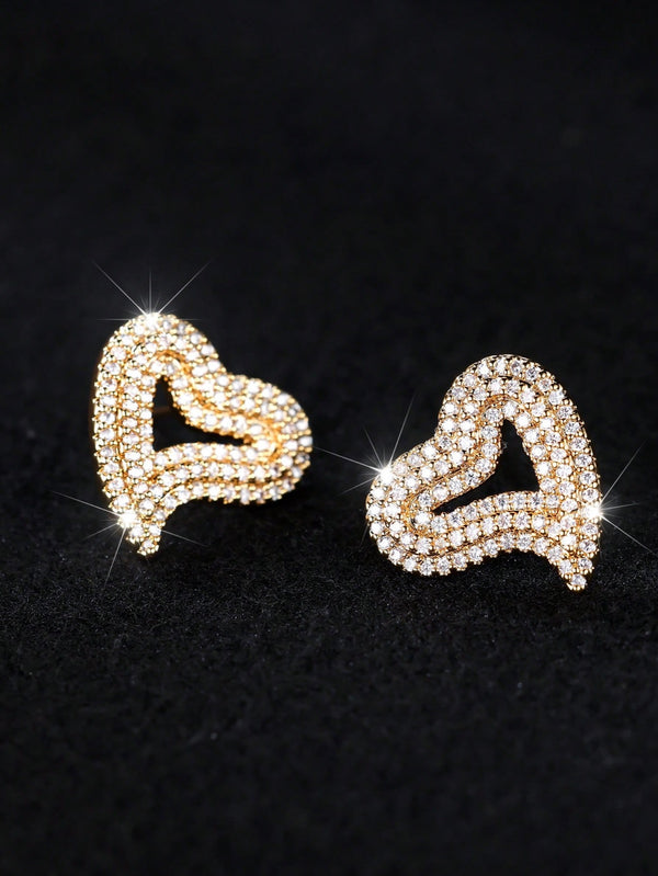 Gold-Tone Pave White Crystal Open Heart Stud Earrings