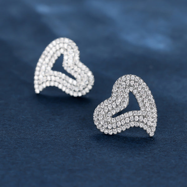 Silver-Tone Pave White Crystal Open Heart Stud Earrings