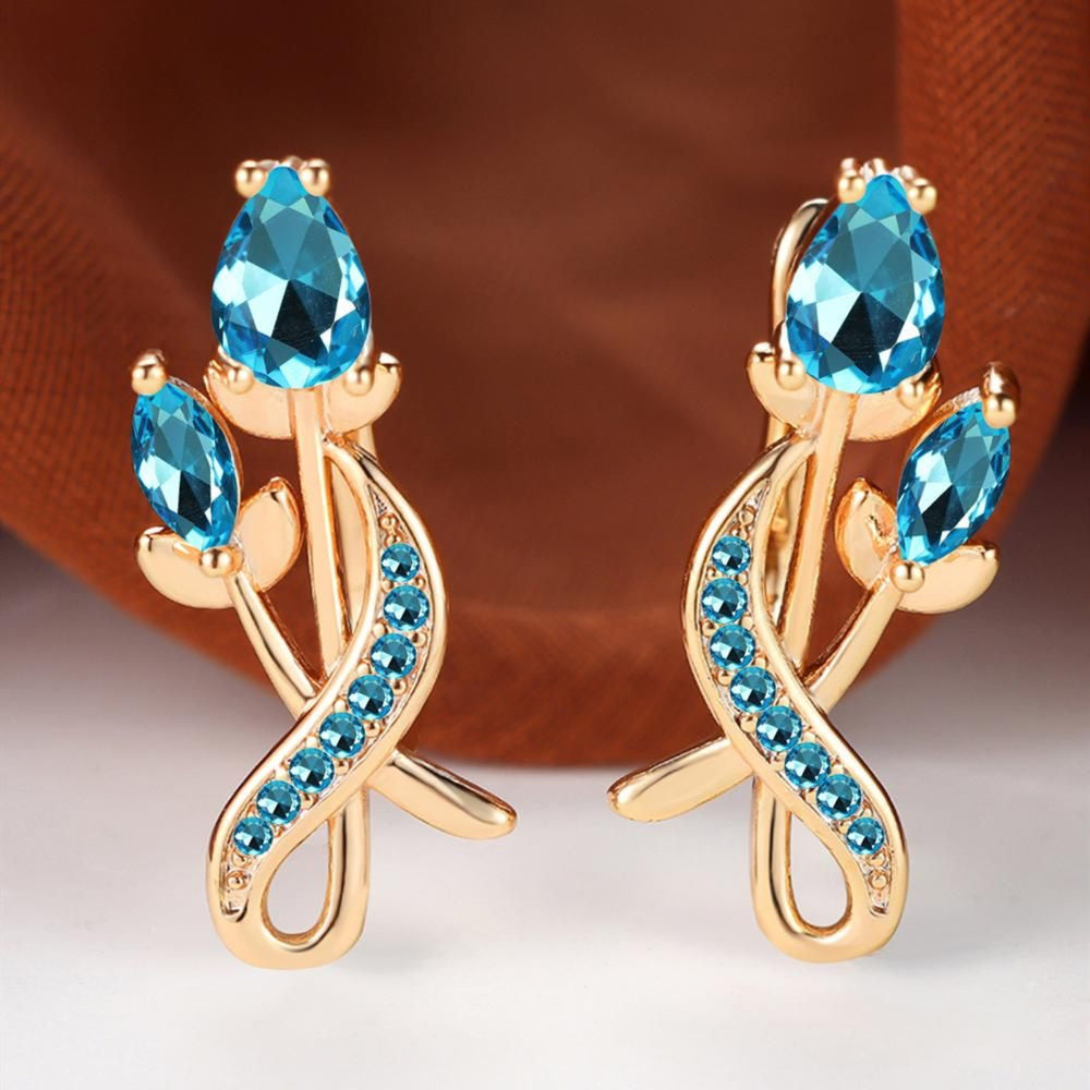 Champagne Gold-Tone Aqua Blue Crystal Tulip Flower Huggie Earrings
