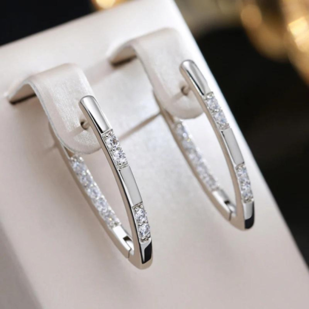 Silver-Tone White Crystal V-Shape Oval Hoop Earrings