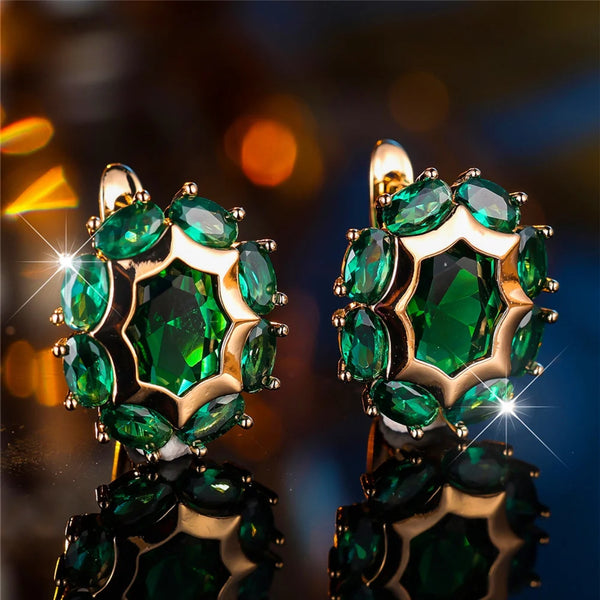 Champagne Gold-Tone Emerald Green Oval Crystal Halo Huggie Earrings