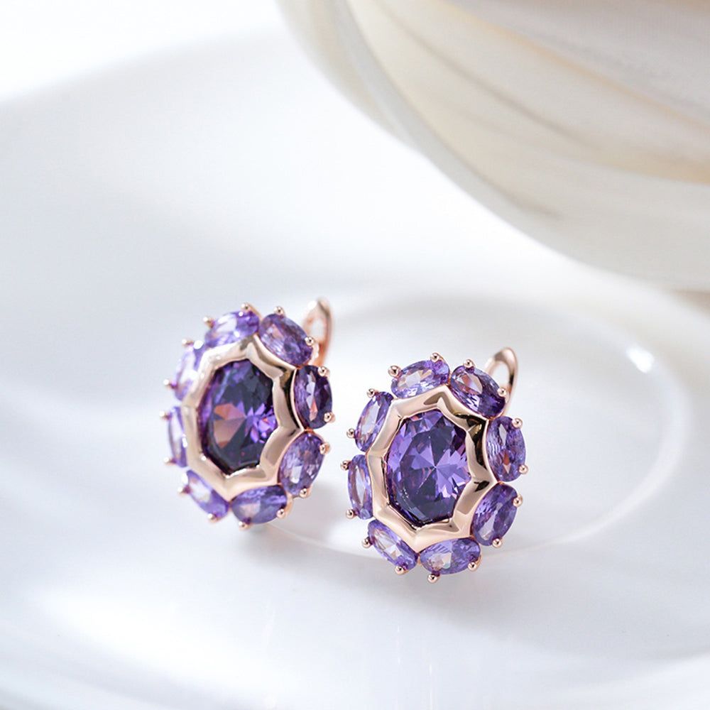 Champagne Gold-Tone Purple Oval Crystal Halo Huggie Earrings