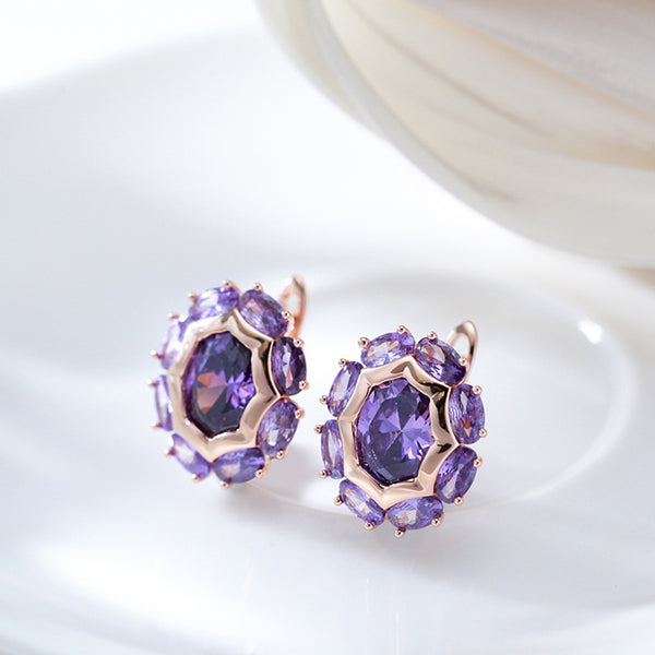 Champagne Gold-Tone Purple Oval Crystal Halo Huggie Earrings