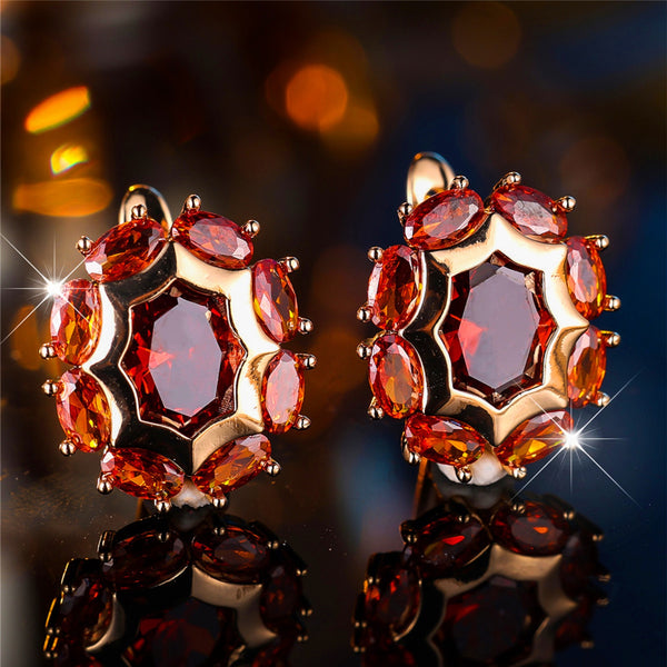 Champagne Gold-Tone Garnet-Red Crystal Oval Halo Hexagon Huggie Earrings