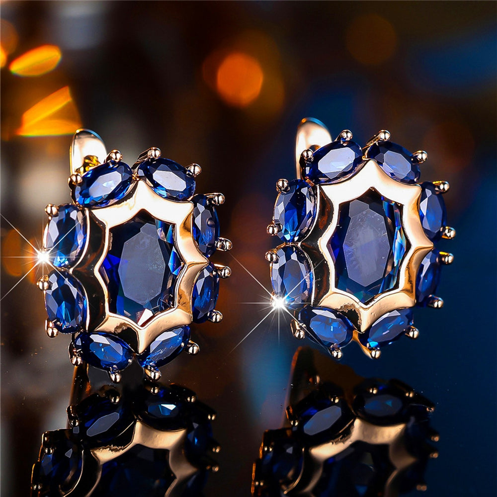 Champagne Gold-Tone Haloed Royal Blue Crystal Egg-Shape Huggie Earrings