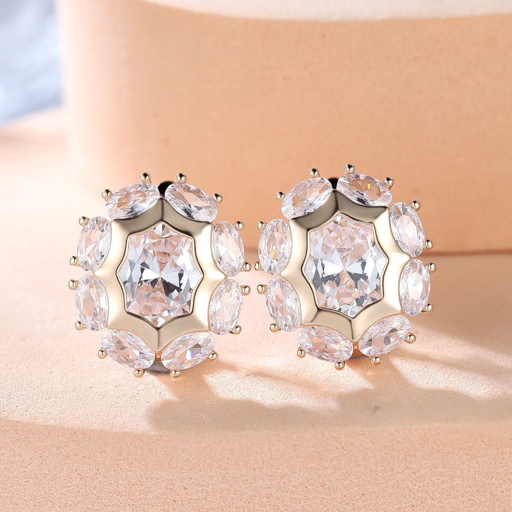 Champagne Gold-Tone White Crystal Oval Hexagon Frame Stud Earrings