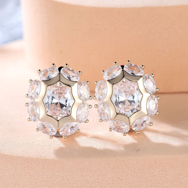 Champagne Gold-Tone White Crystal Oval Hexagon Frame Stud Earrings