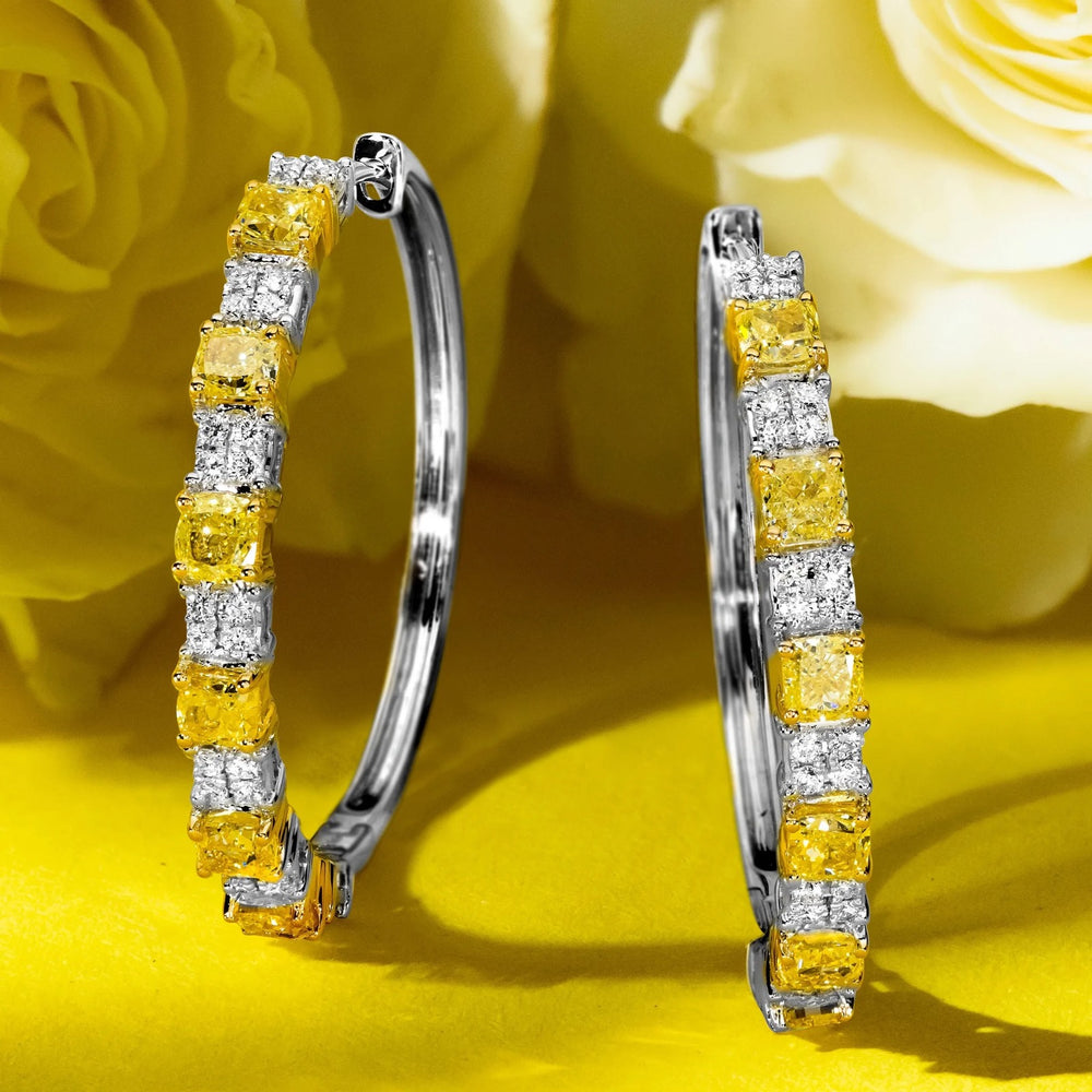 Silver-Tone Yellow Cushion Crystal Station Hoop Earrings