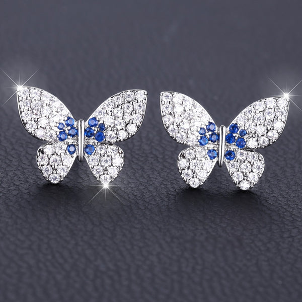 Silver-Tone White & Royal Blue Crystal Butterfly Stud Earrings
