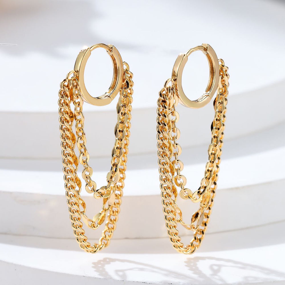 Gold-Tone Layered Chain Tassel Huggie Hoop Drop Earrings