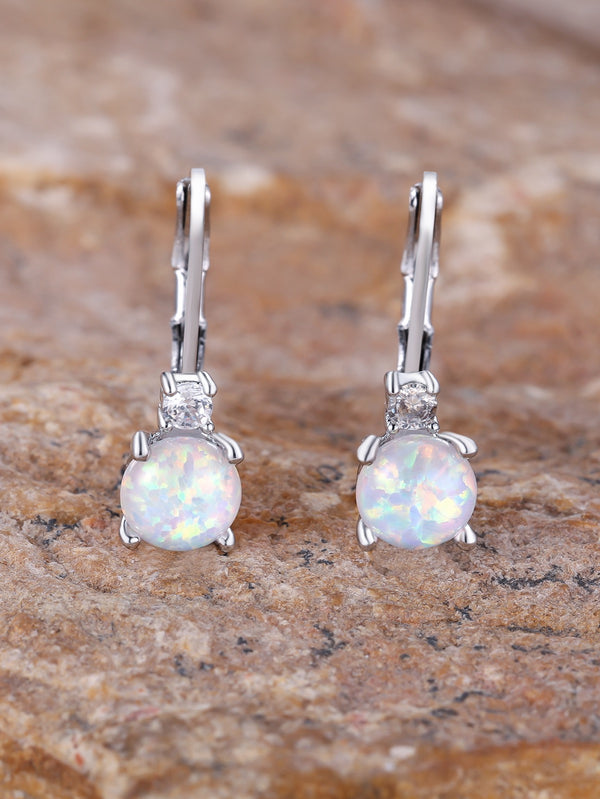 Silver-Tone Round White Simulated Opal Huggie Earrings With Crystal Accent