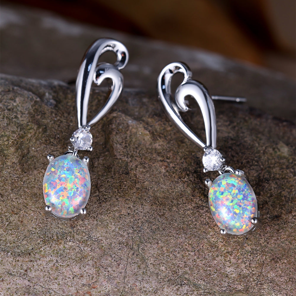 Silver-Tone White Simulated Opal Oval Wave Swirl Drop Earrings