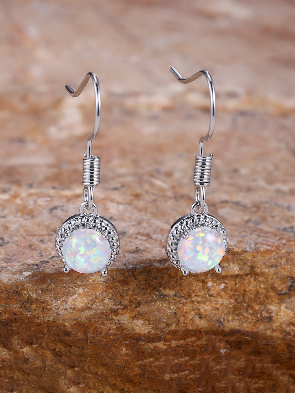 Silver-Tone White Simulated Opal Round Rope-Frame Dangle Earrings