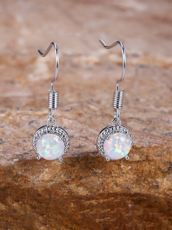 Silver-Tone White Simulated Opal Round Rope-Frame Dangle Earrings