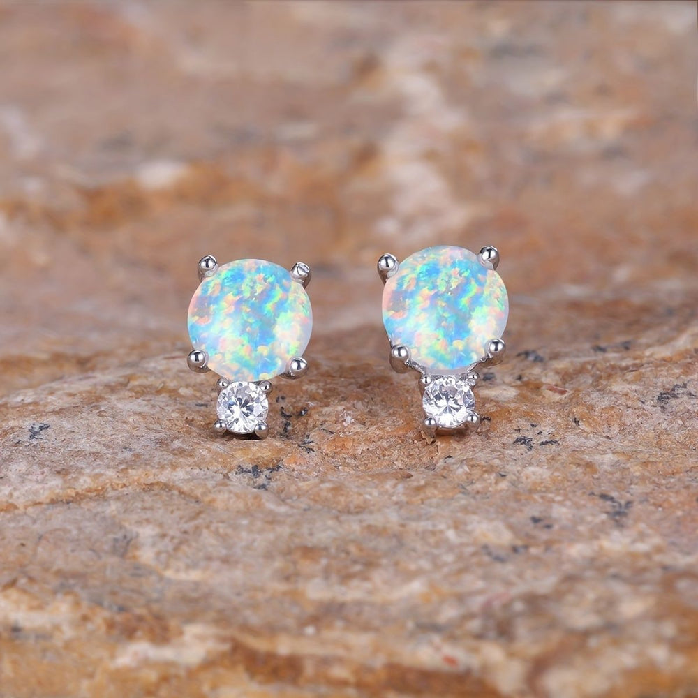 Silver-Tone Round White Simulated Opal Stud Earrings With Crystal Accent