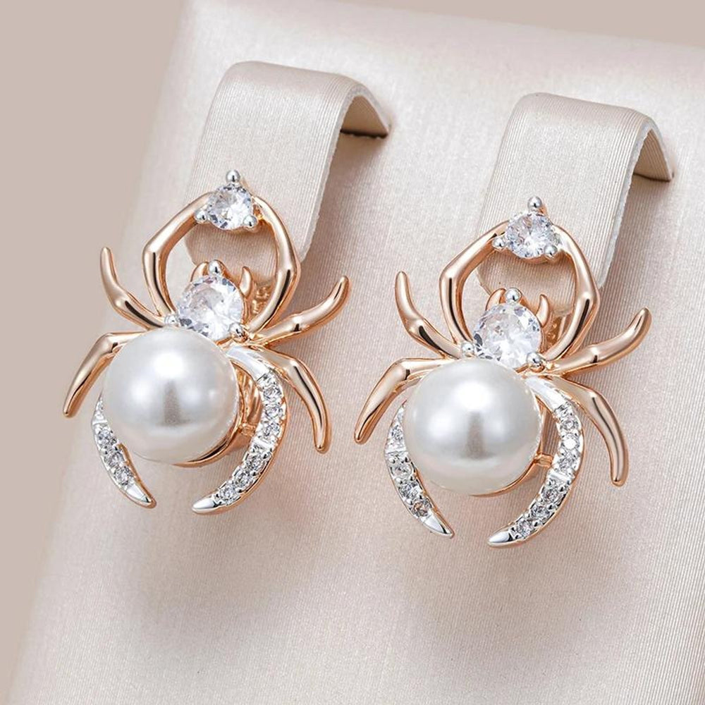 Champagne Gold-Tone White Round Crystal Spider Drop Earrings