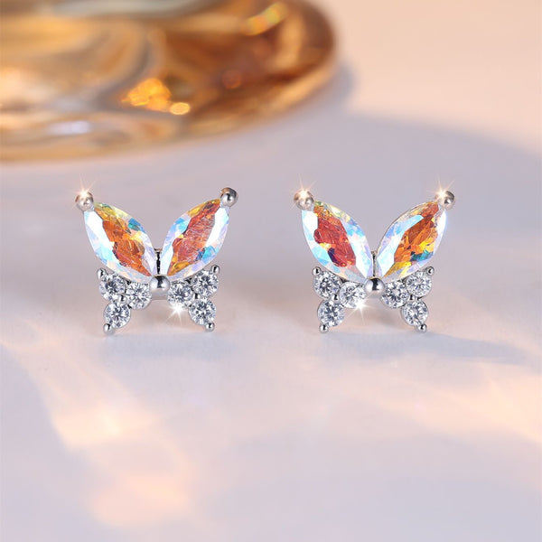 Silver-Tone Iridescent Marquise Crystal Butterfly Stud Earrings