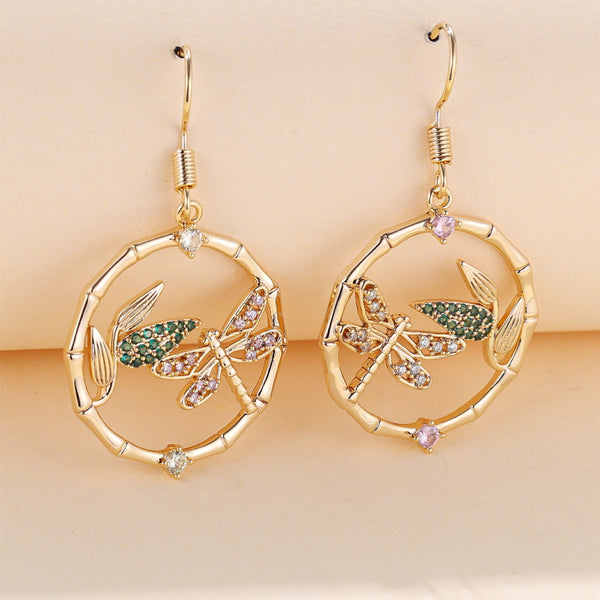 Gold-Tone Multicolor Crystal Dragonfly & Leaf Circle Drop Earrings