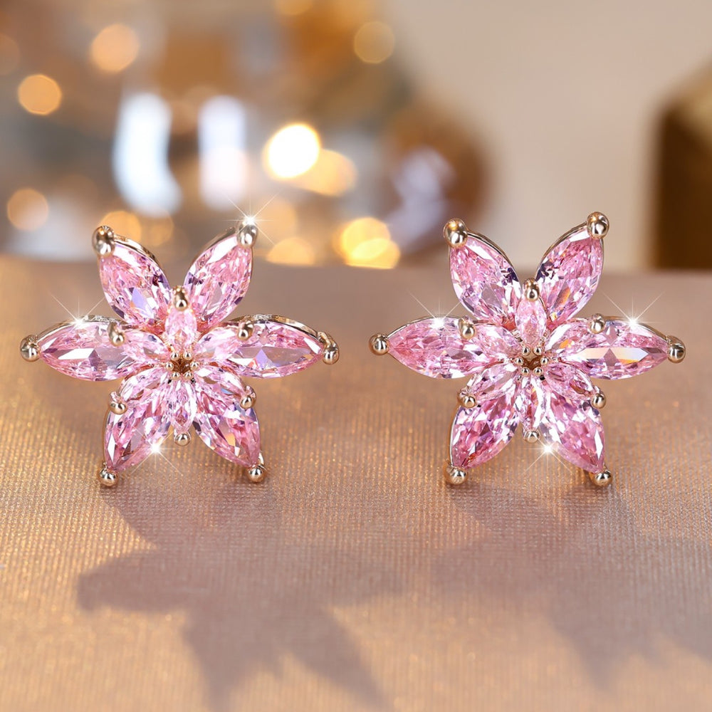 Champagne Gold-Tone Pink Marquise Crystal Flower Stud Earrings