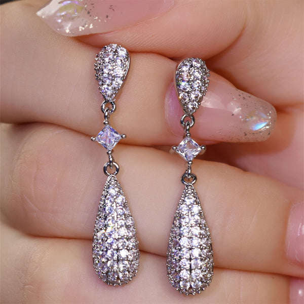 Silver-Tone White Crystal Pave Double Teardrop Drop Earrings