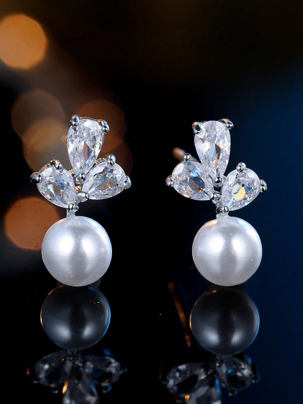 Silver-Tone Pear Crystal and Simulated Pearl Drop Stud Earrings