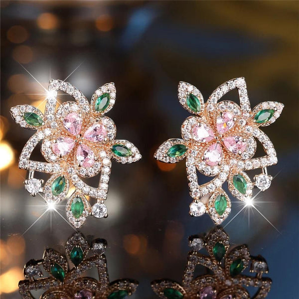 Champagne Gold-Tone Pink Crystal Flower Emerald-Green Leaf Earrings