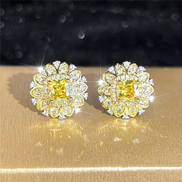 Gold-Tone Two-Tone White Round Crystal Flower Drop Earrings