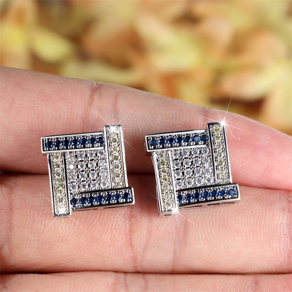 Silver-Tone Square Stud Earrings with Blue & Yellow Crystal Border
