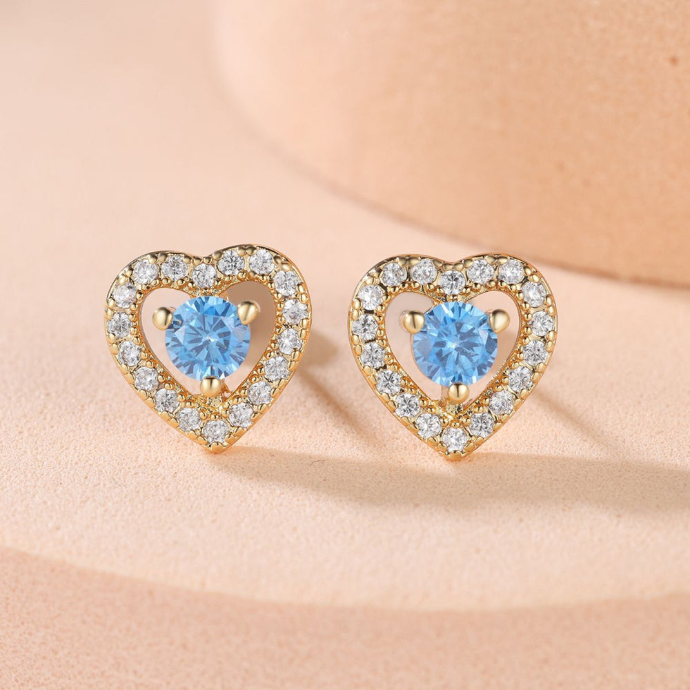 Gold-Tone Aqua Blue Crystal Open Heart Halo Stud Earrings