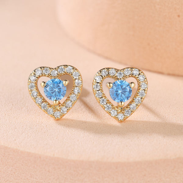 Gold-Tone Aqua Blue Crystal Open Heart Halo Stud Earrings