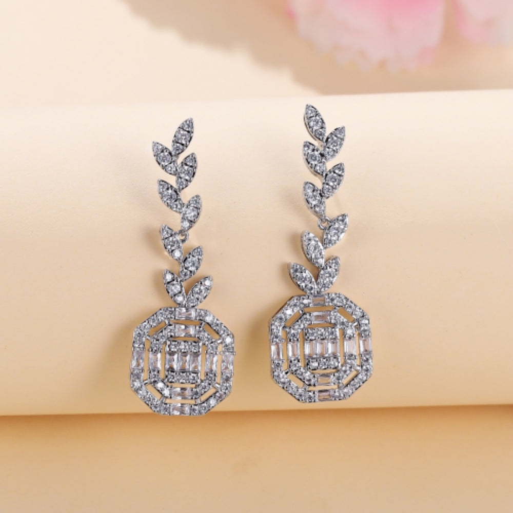 Silver-Tone White Crystal Leaf Vine Octagon Drop Earrings