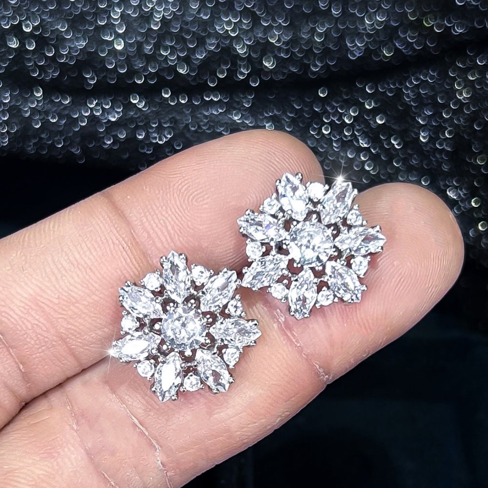 Silver-Tone White Crystal Marquise Flower Snowflake Stud Earrings