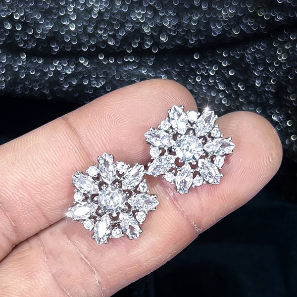 Silver-Tone White Crystal Marquise Flower Snowflake Stud Earrings