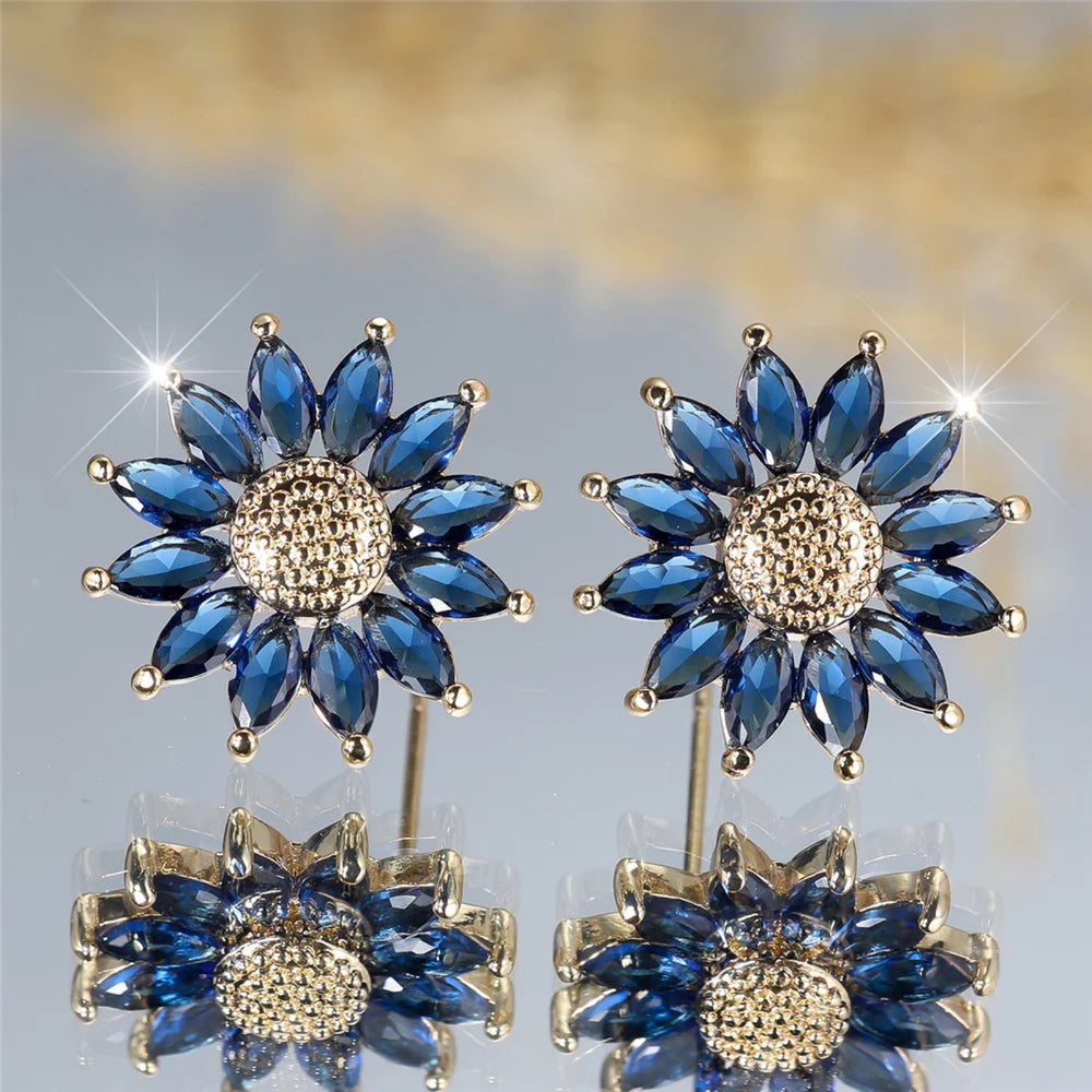 Gold-Tone Royal Blue Crystal Sunflower Stud Earrings