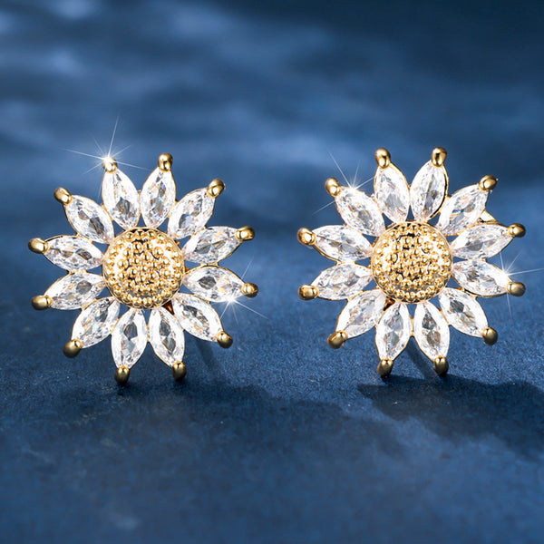 Gold-Tone Marquise White Crystal Sunflower Stud Earrings