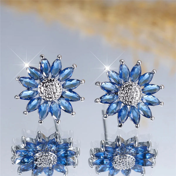 Silver-Tone Royal Blue Marquise Crystal Sunflower Stud Earrings